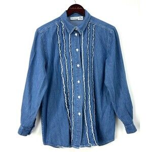Cabin Creek Womens Button Up Shirt Long Sleeve Ruffle Chambray Sz L 1042E4